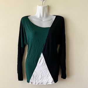 Long sleeve color block blouse, women M, blk/wht/grn